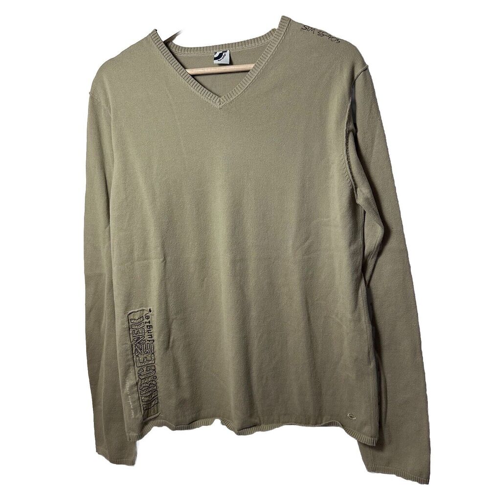 Y2K Sweater Mens Medium 90’s V-neck Tan Tactical Patches Military Basic Neutral